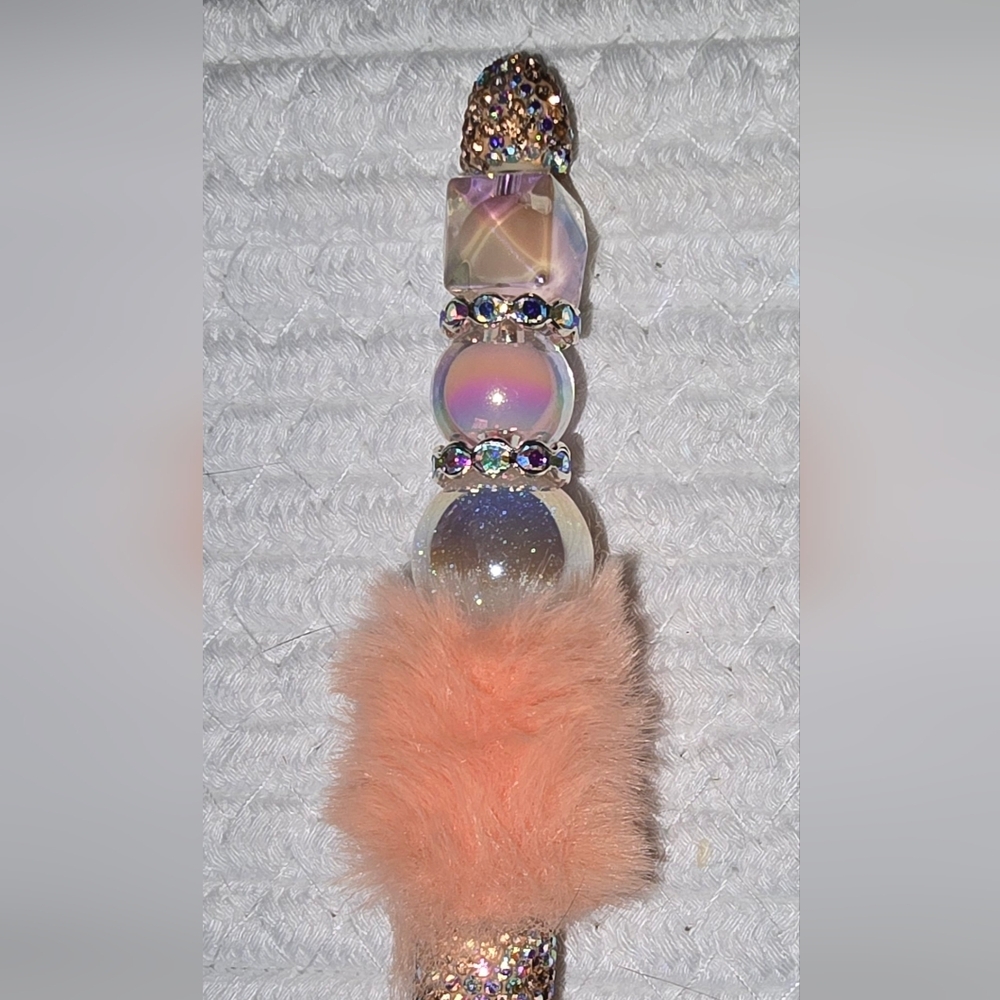 Glittering Furry Glam Bling Pen with Peach and Silver Accents